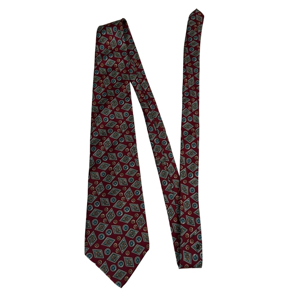 Halston III Men Burgundy Geometric Medallion 100% Italian Silk Necktie 4" Preppy